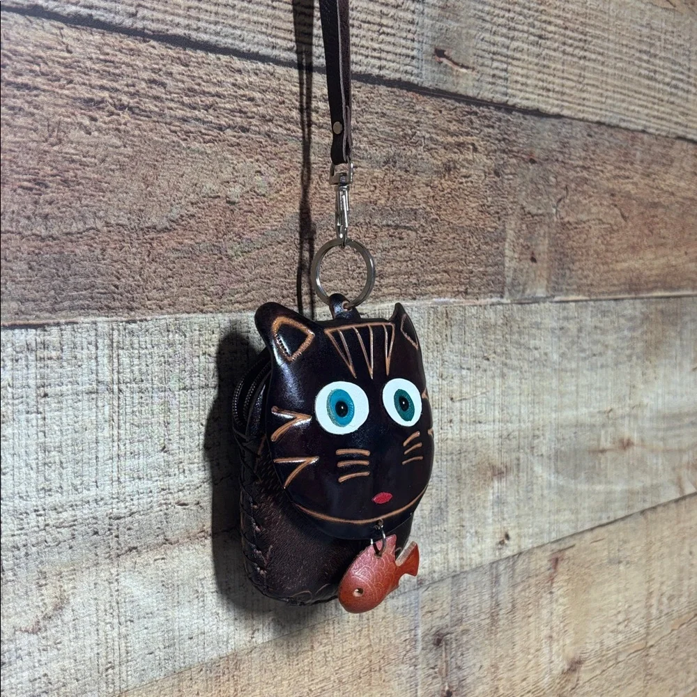Brown Cat Face Leather Wristlet Bag